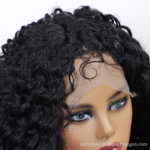 wholesale  black long deep wave lace frontal wig with baby hair  heat resistant synthetic hair wigs for black women